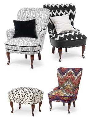Emmaf�t�ljer i zig-zag-tyg, fotpall, tyger fr�n Missonis och Sonia Rykiel